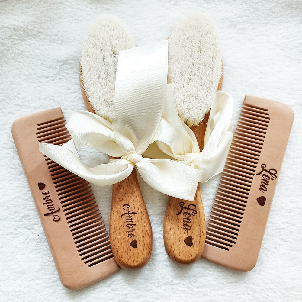 Custom Name Baby Bathing Comb Baby Care Hair Brush Pure Natural Wool Wood Comb Newborn Massager Baby Shower and Registry Gift