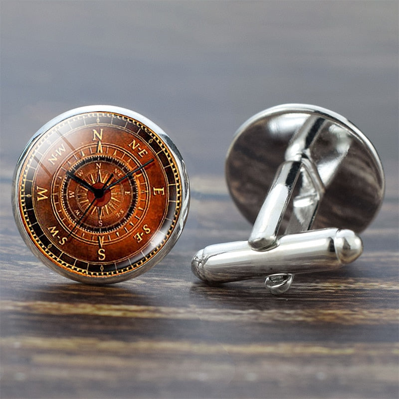 Compass Cuff Links Vintage Compass Clock Sailboat Pattern Alloy Cuff Links for Men Gift Glass Cabochon (It&#39;s Not A Real Compass)