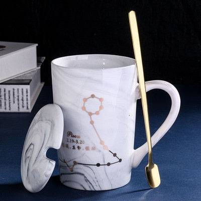 Natural Marble 12 Constellation Ceramic Pink Zodiac Mug With Lid Coffee Mugs Creative Personality Cup 380ml Cups And Mugs Xicara