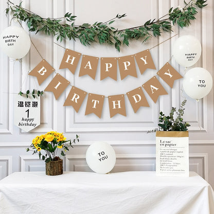 Happy Birthday Decoration Kraft Paper Banner White Balloon Decoration Birthday Party Bunting Garland Baby Shower Supplies