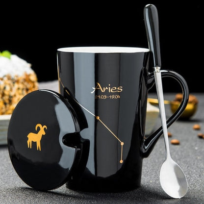 Ceramic Mugs 12 Constellations Creative Mugs With Spoon Lid Black Mug Porcelain Zodiac Milk Coffee Cup Drinkware Couples Gift