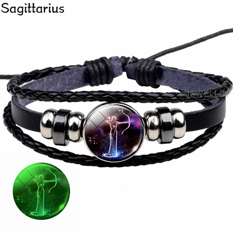 Glowing Constellation Bracelet Punk Luminous Jewelry Black Leather Woven Bracelet Glow In The Dark Zodiac Sign Luminous Bracelet