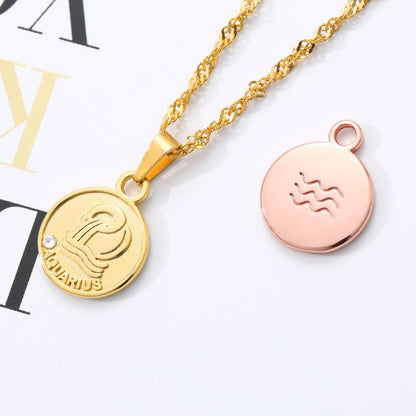 Round Coin Pendant Zodiac Sign Stainless Steel Minimalism Jewelry For Women Girl Aquarius Pisces Sagittarius Necklaces BFF