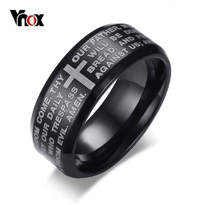 Vnox Engraved Bible Cross Ring for Men 3 Colors Option Stainless Steel Stylish Prayer Male Jewelry US Size #7- #13