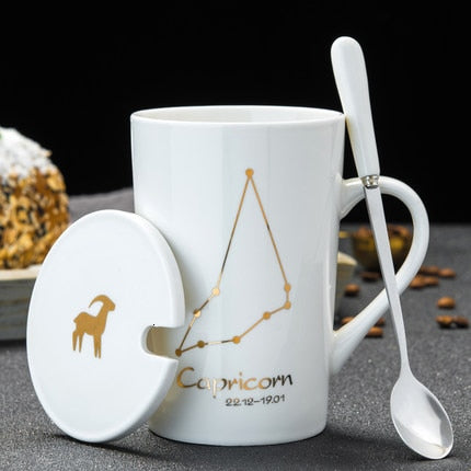 Ceramic Mugs 12 Constellations Creative Mugs With Spoon Lid Black Mug Porcelain Zodiac Milk Coffee Cup Drinkware Couples Gift