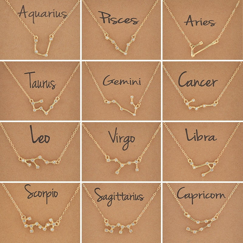 Cardboard Star Zodiac Sign 12 Constellation Necklaces Crystal Charm Chain Choker Necklace for Women Birthday Jewelry Gift