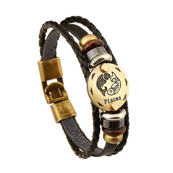 12 Constellations Bracelet 2018 New Fashion Jewelry Leather Bracelet Men Casual Personality Zodiac Signs Punk Men Bracelet C002