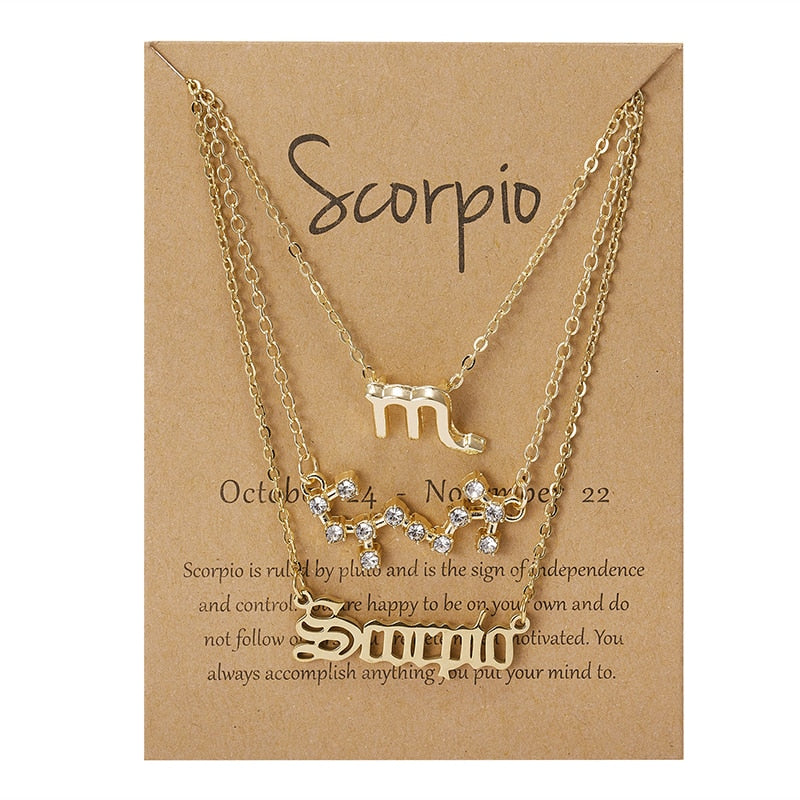 3Pcs/set 12 Zodiac Sign Necklace For Women 12 Constellation Pendant Chain Choker Birthday Jewelry With Cardboard Card