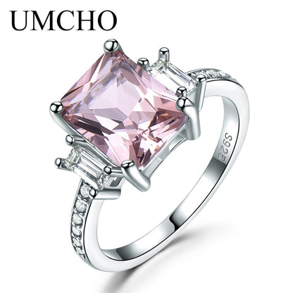 UMCHO Solid Sterling Silver Cushion Morganite Gemstone Rings For Women Engagement Anniversary Band Valentine's Gift Ring Set