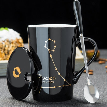 Ceramic Mugs 12 Constellations Creative Mugs With Spoon Lid Black Mug Porcelain Zodiac Milk Coffee Cup Drinkware Couples Gift