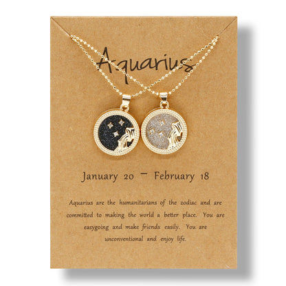 Fashion 12 Constellation Necklace For Women 2 PCS/Set Zodiac Sign Coin Chain Pendant Choker Birthday Couple Jewelry Charm Gifts