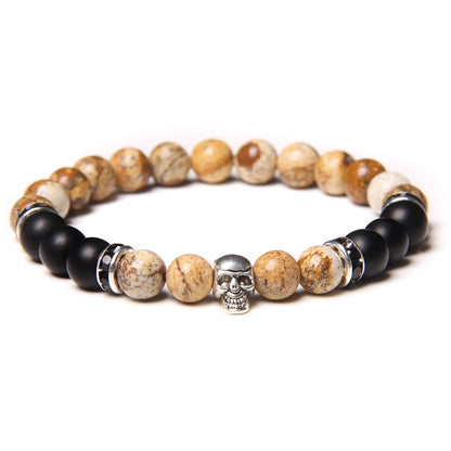 Skull Bracelets For Men Women Natural Stone Tiger Eye Bracelet Malachite Labradorite 8MM Beads Stretch Bangles Punk Jewelry