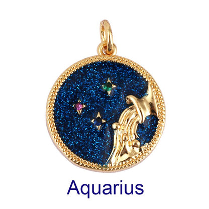 Zodiac Horoscope Sign Medallion Pendant Real 18K Gold Plated Sparkle Astro Coin for Necklace Bracelet Jewelry Making Supply