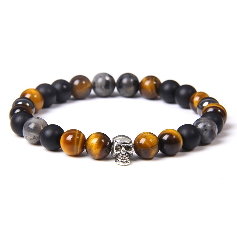 Skull Bracelets For Men Women Natural Stone Tiger Eye Bracelet Malachite Labradorite 8MM Beads Stretch Bangles Punk Jewelry