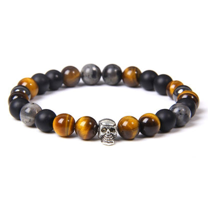 Skull Bracelets For Men Women Natural Stone Tiger Eye Bracelet Malachite Labradorite 8MM Beads Stretch Bangles Punk Jewelry