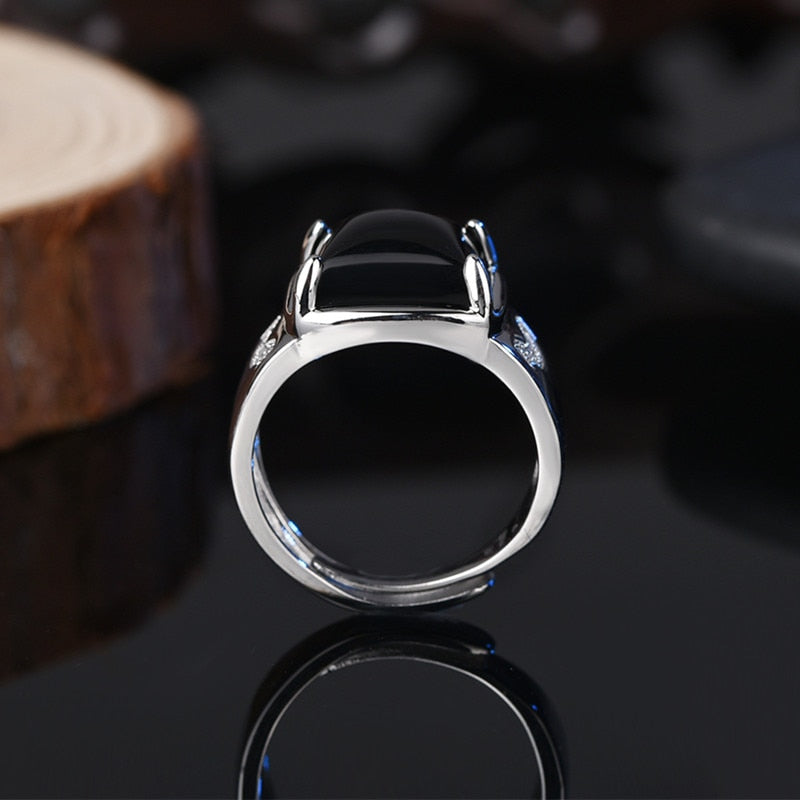 Trendy Men Ring Silver 925 Jewelry Accessories with Obsidian Zircon Gemstone Open Finger Rings for Wedding Engagement Party Gift