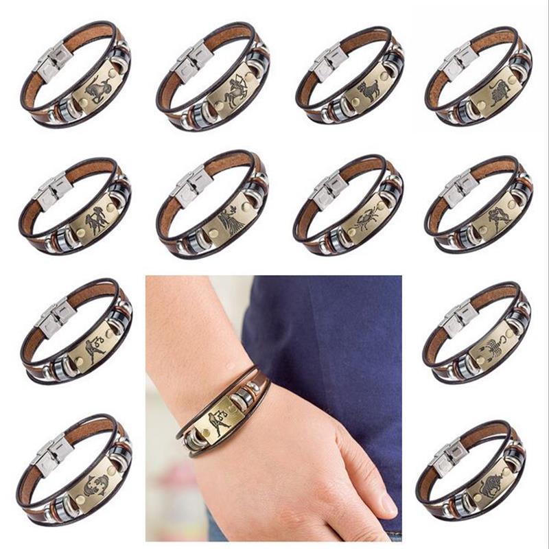 Drop Shipping Hot Fashion 12 Zodiac Signs Bracelet for Men Women Stainless Steel Clasps Genuine Leather Bracelet Men Jewelry