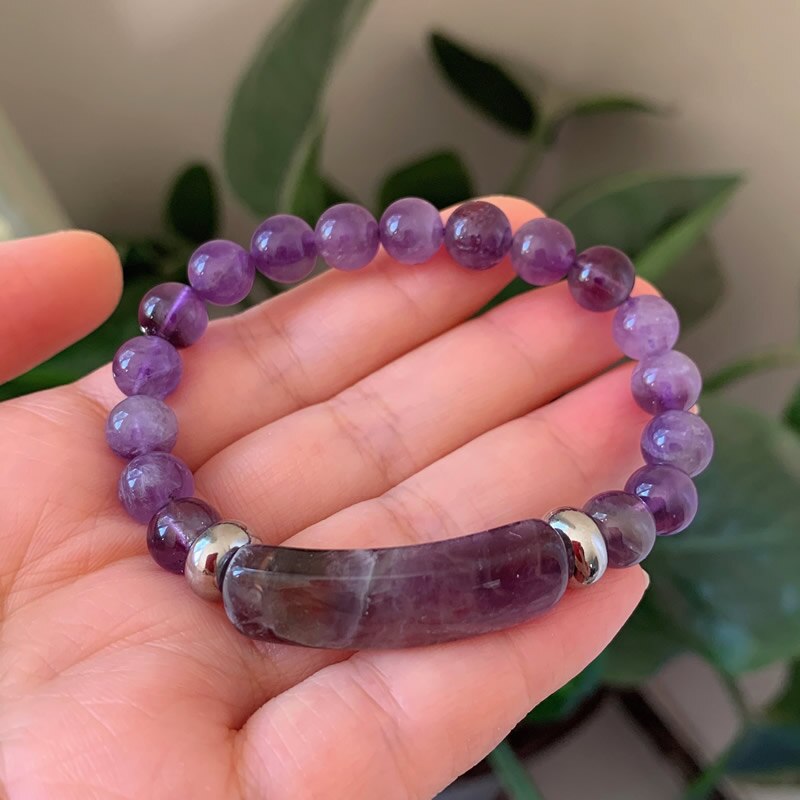 Natural Stone Strand Beads Bracelet Reiki Healing Amethysts Purple Green Fluorite Quartz Crystal Rectangle Bar Charms Bracelets