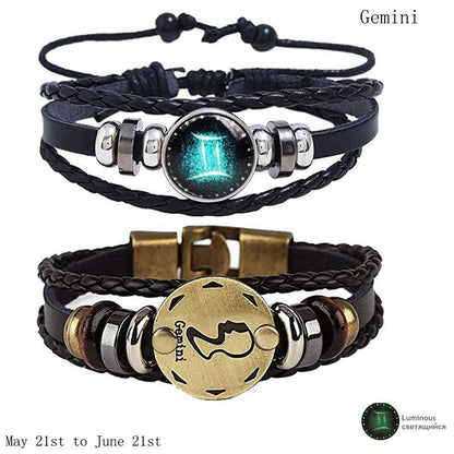 2pcs 12 Constellation Bracelet Zodiac Sign Black Braided Leather Bangle Aries Leo Libra Luminous Dome Jewelry Punk Men Bracelet