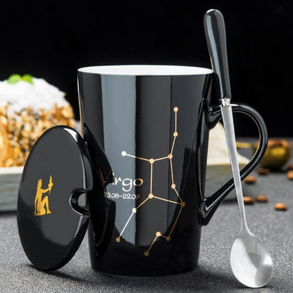 Ceramic Mugs 12 Constellations Creative Mugs With Spoon Lid Black Mug Porcelain Zodiac Milk Coffee Cup Drinkware Couples Gift