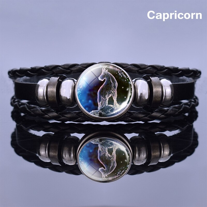 12 Zodiac Signs Glass Dome Leather Bracelet Fashion Jewelry for Couple Aries Taurus Leo Cancer Aquarius Pisces Bangle Bracelet