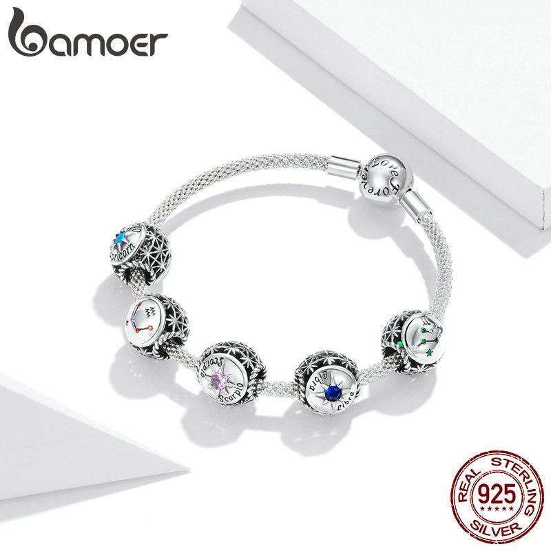 bamoer Zodiac Star Sign 925 Sterling Silver Charm Beads Fit for Charm Bracelets, 12 Constellations Cubic Zirconia Charm SCC1725