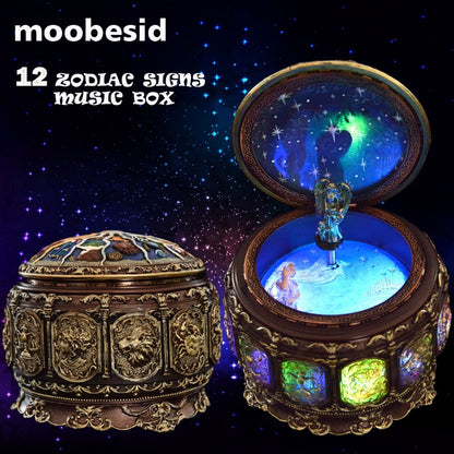 Retro Zodiac 12 Signs Music Box Manual Arts 12 Constellation Musical Boxes with Led Flash Lights Valentine&#39;s Day Birthday Gift