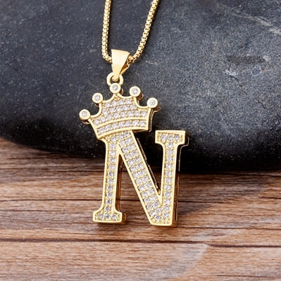 Nidin New Luxury Copper Zircon A-Z Crown Alphabet Pendant Chain Necklace Hip-Hop Style Fashion Woman Man Initial Name Jewelry