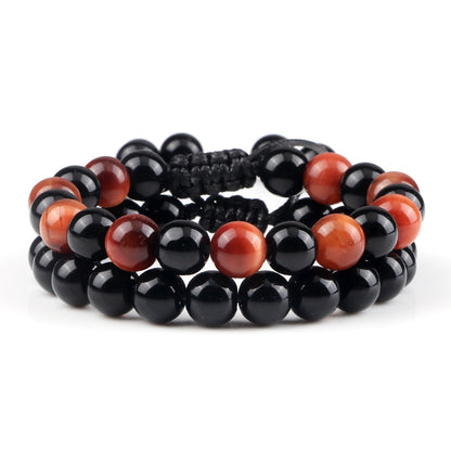 2pcs Men Shiny Black Natural Stone Beaded Bracelets Multicolor Tiger Eye Stone Obsidian Onyx Beads Bracelets Women Yoga Jewelry