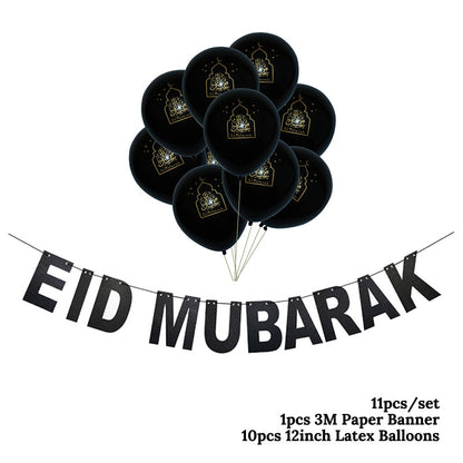 EID Mubarak Golden Banner Balloon Set Disposable Tableware Kit Black Tablecloth Ramadan Kareem Party Supplies Home Decoration