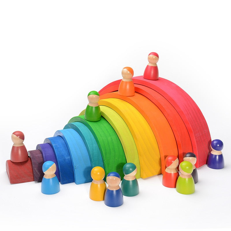 12Pcs Toddler Playset Montessori and Waldorf Inspired Rainbow Wooden Toys Colorful Rainbow Blocks Rainbow Stacker Toy for Infant