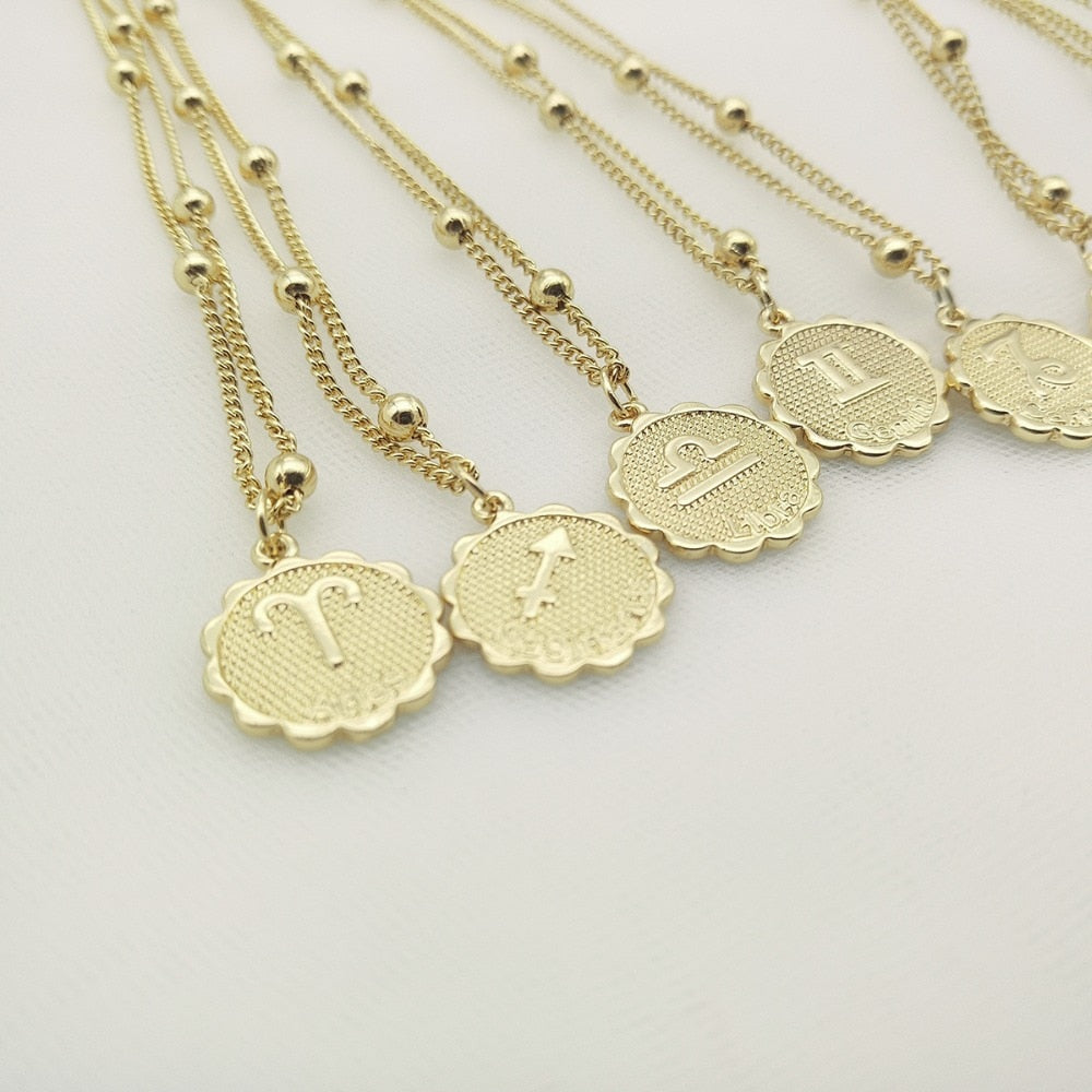 Ingemark 12 Zodiac Constellation Carve Coin Pendant Necklace Simple Copper Leo Beads Clavicle Chain Necklace Sexy Couple Jewelry