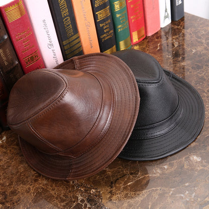 Male 100% Genuine Leather Jazz Hat Adult Fedoras Hat Male Sheepskin Fedoras Cap Men&#39;s Wide Brim Leather Cowboy Hat B-7284