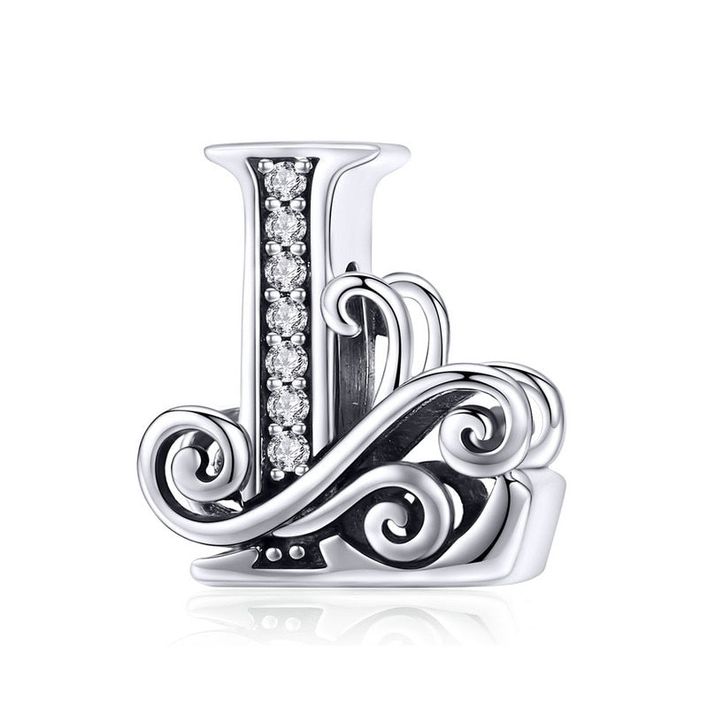 BAMOER 925 Sterling Silver Letter Vintage A to Z 26 Letter Charms Openwork CZ Alphabet Beads Fit Charm Bracelet BSC030