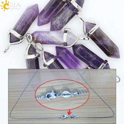 CSJA Real Raw Pink Purple Gem Crystals Necklace Hexagonal Bullet Reiki Chakra Natural Stone Necklace Pendant Women Jewelry E056