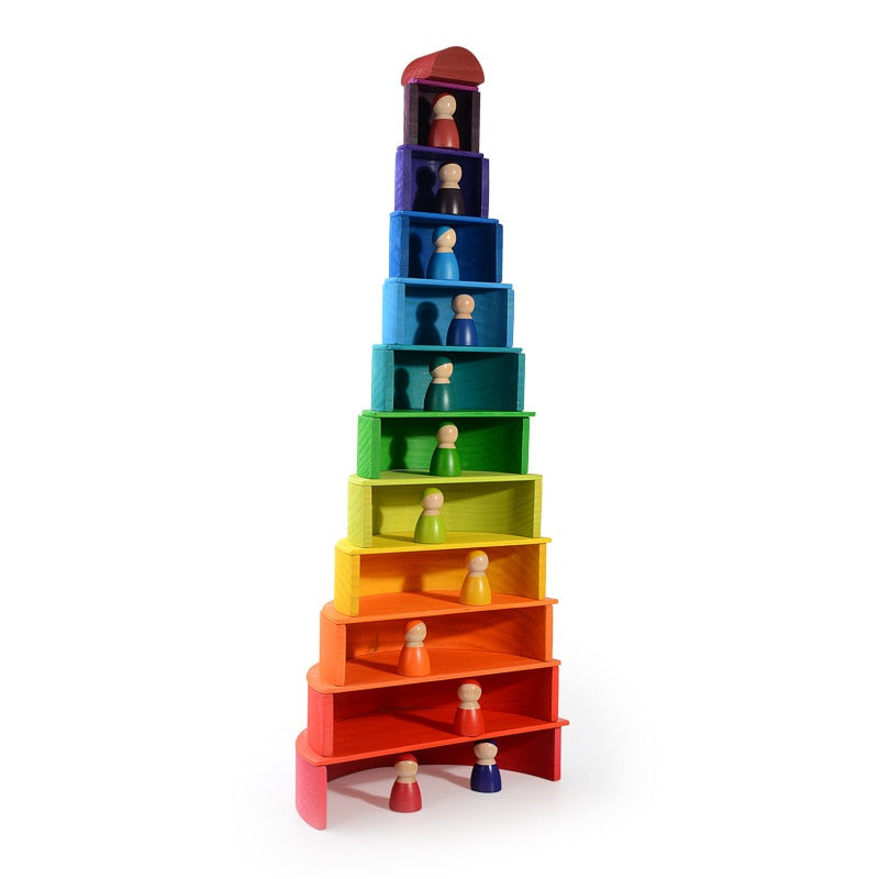 12Pcs Toddler Playset Montessori and Waldorf Inspired Rainbow Wooden Toys Colorful Rainbow Blocks Rainbow Stacker Toy for Infant