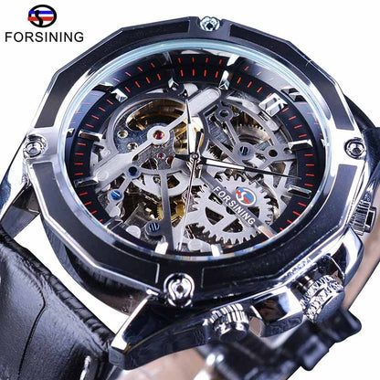 Forsining 2018 Royal Golden Skeleton Display Blue Hands Brown Genuine Leather Belt Mens Mechanical Wristwatches Clock Male