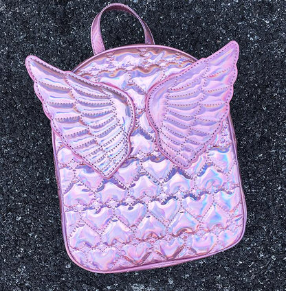 Dazzling Fashion Heart Embossed Wings Decorated Girl&#39;s Mini Backpack Shoulder Bag Travel Bag School Bags For Teenage Girl Bolsa