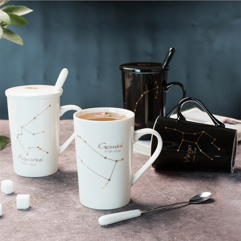 Ceramic Mugs 12 Constellations Creative Mugs with Spoon Lid Black and Gold Porcelain Zodiac Milk Coffee Cup Drinkware