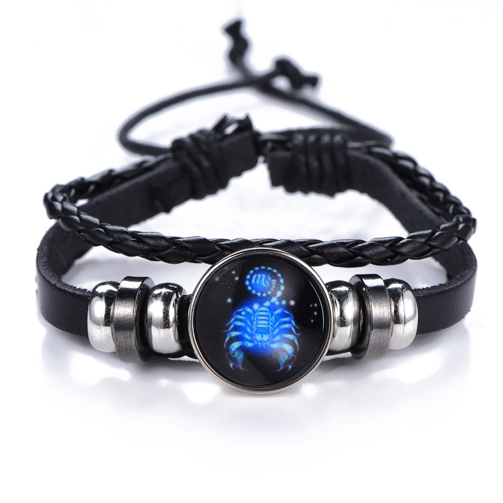 DropShipping Gemini Cancer Leo Virgo Libra Scorpio 12 Constellation Black punk Leather Bracelet Zodiac Bracelet for Men Women