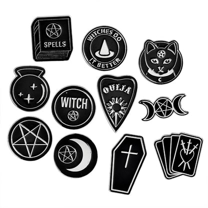 Punk Trendy WITCH kitty enamel pin triple moon pentacle brooch circular WITCH DO IT BETTER badge tarot card cross coffin jewelry