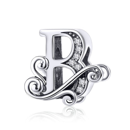 BAMOER 925 Sterling Silver Letter Vintage A to Z 26 Letter Charms Openwork CZ Alphabet Beads Fit Charm Bracelet BSC030