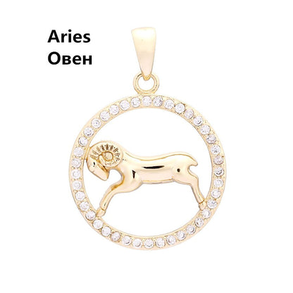 585 Rose Gold Color Women Enamel Round Cubic Zircon 12 Zodiac Pendants Constellation Jewelry