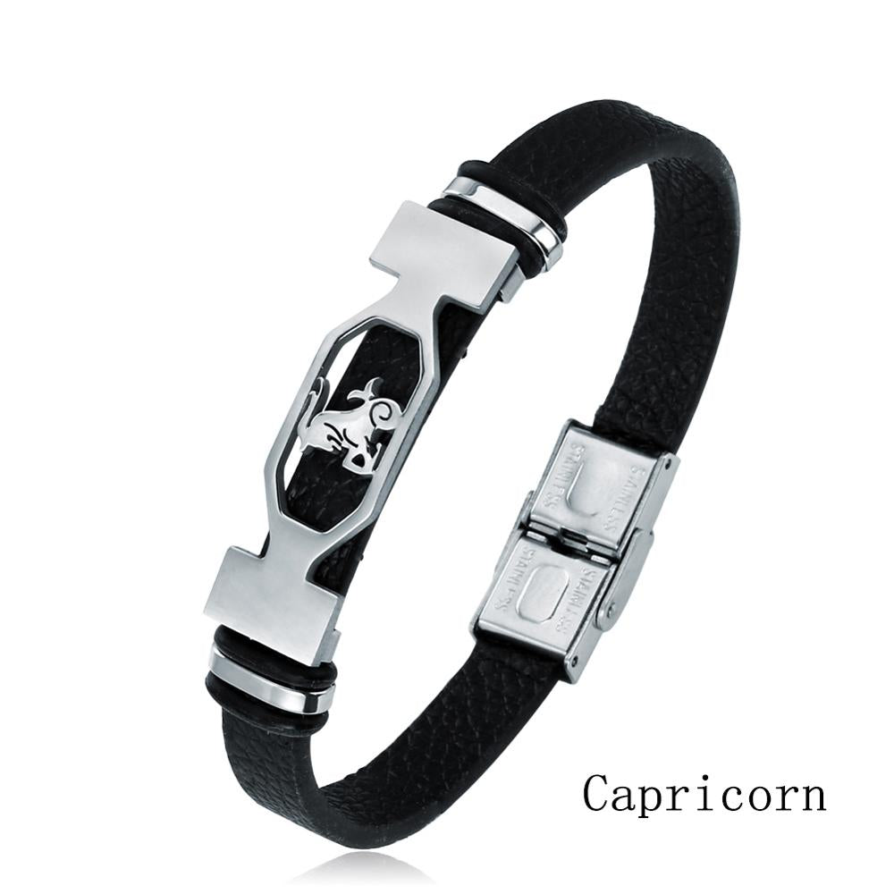 12 Constellation Stainless Steel Cuff Bracelet Men Women Zodiac Sign Black Leather Wrap Bracelet Jewelry Pulseras Hombre