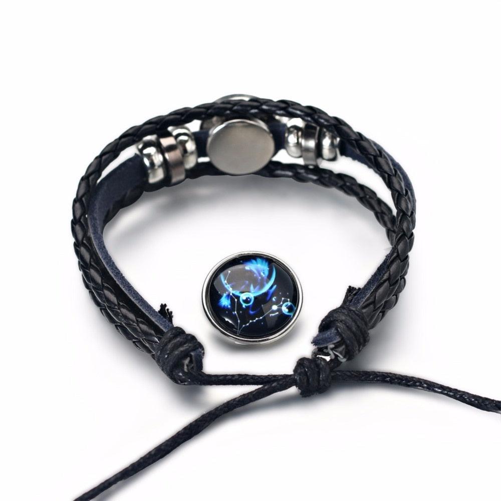 2PCS/Sets 12 Constellations Stainless Steel Leather Bracelet Charm 12 Zodiac Titanium Steel Bracelets Bangles Cuff Bracelet