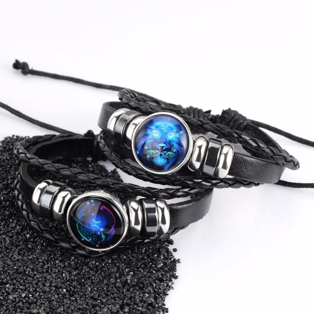 2PCS/Sets 12 Constellations Stainless Steel Leather Bracelet Charm 12 Zodiac Titanium Steel Bracelets Bangles Cuff Bracelet