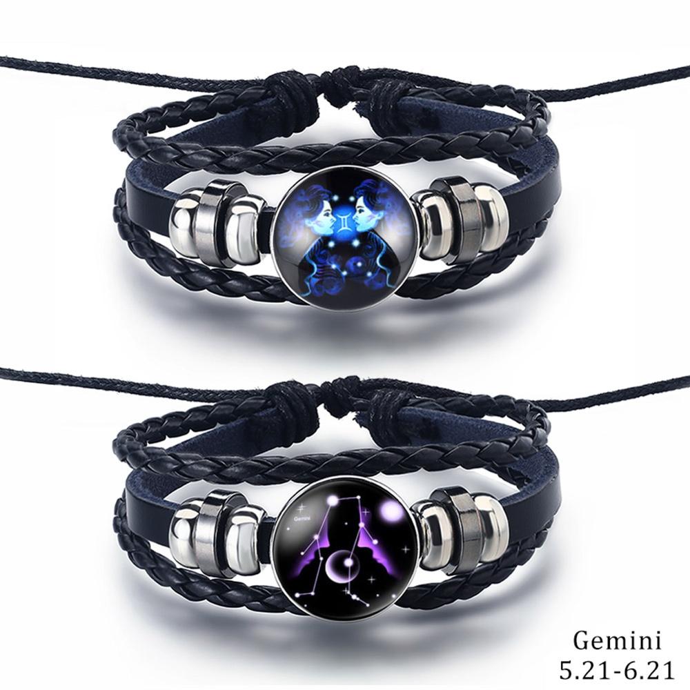 2PCS/Sets 12 Constellations Stainless Steel Leather Bracelet Charm 12 Zodiac Titanium Steel Bracelets Bangles Cuff Bracelet