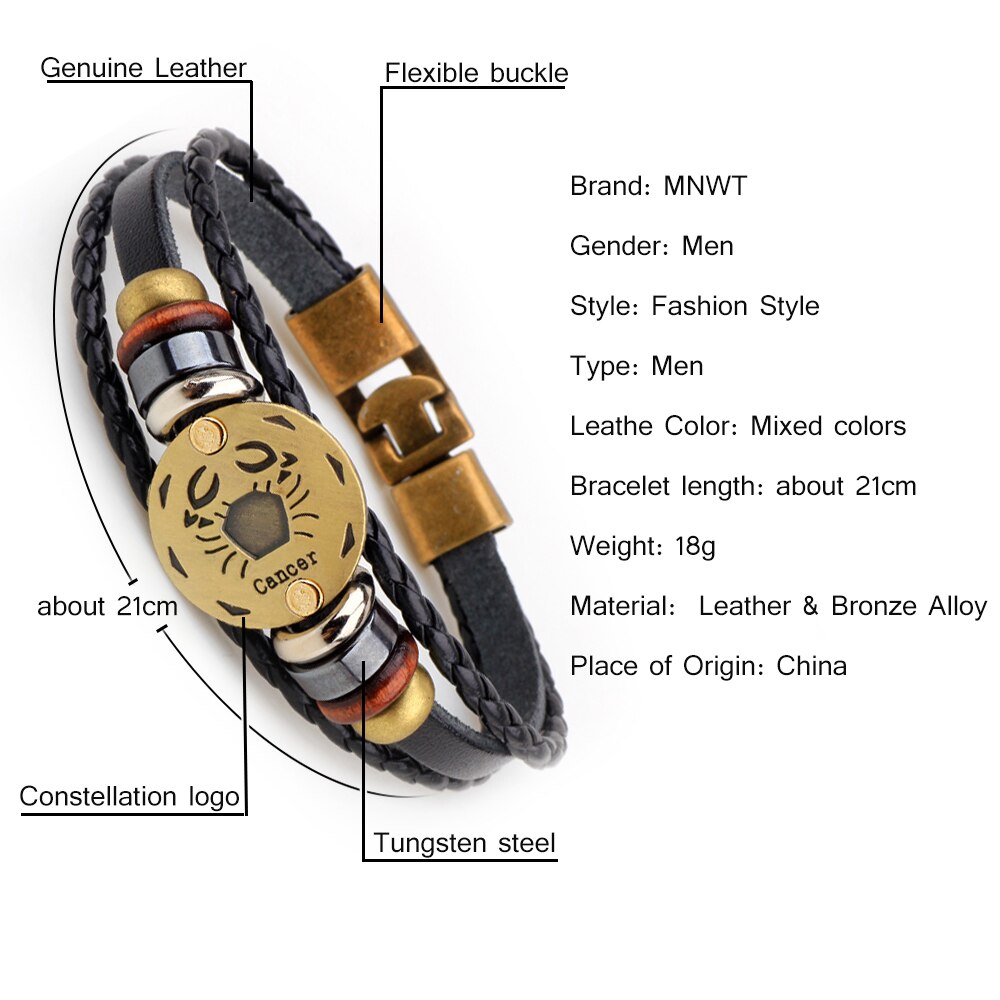 MNWT Fashionable Bronze Alloy Buckles Zodiac Signs Bracelet Men Casual Personality Lover Charm Jewelry Leather Punk Bracelets