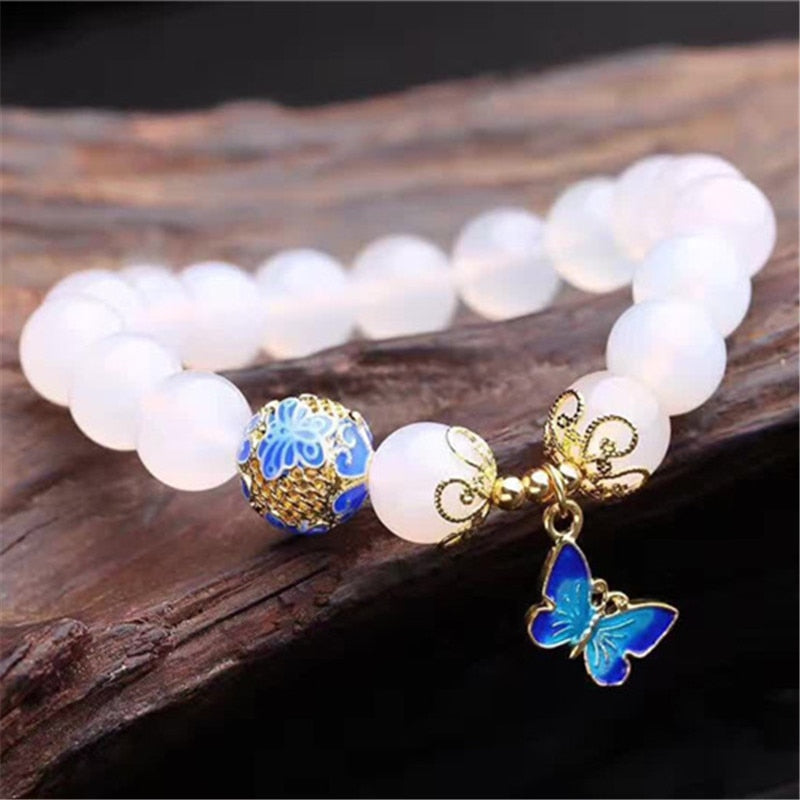 High Quantity 10mm beads White Agates natural stone bracelet women accessories metal butterfly pendant tasbih jewelry wholesale