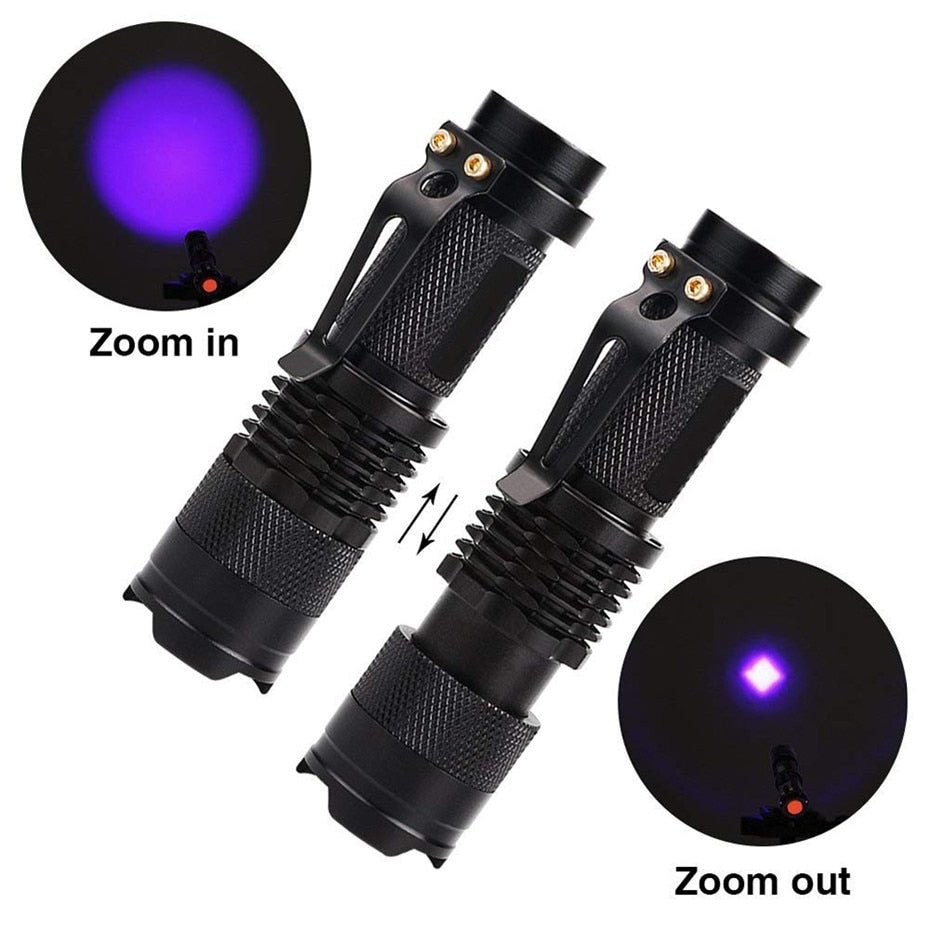 LED UV Flashlight Ultraviolet Torch With Zoom Function Mini UV Black Light Pet Urine Stains Detector Scorpion Hunting